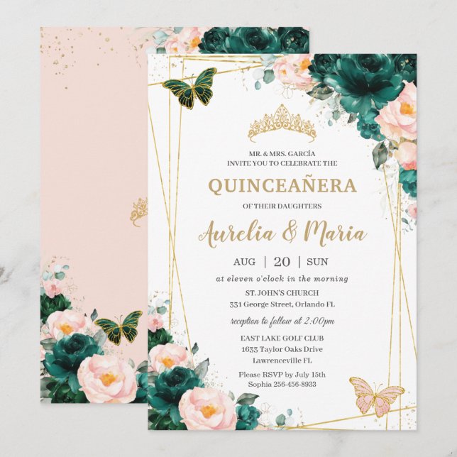 Quinceañera Emerald Green Blush Floral Twins Invitation (Front/Back)