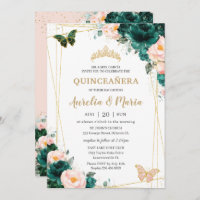 Quinceañera Emerald Green Blush Floral Twins Invitation