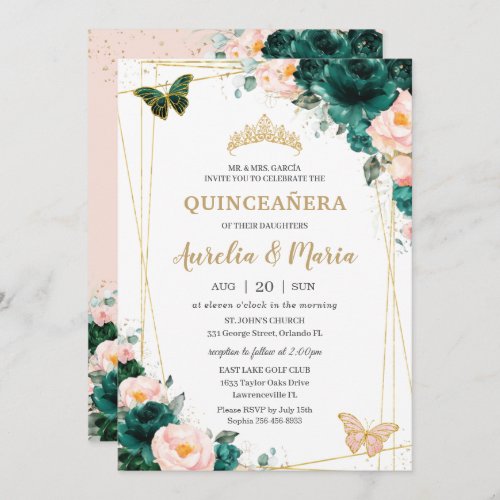 Quinceaera Emerald Green Blush Floral Twins Invitation