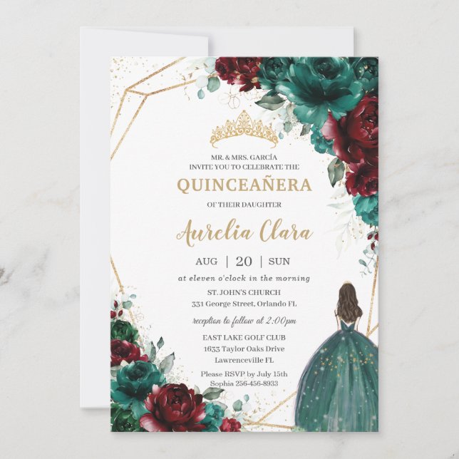 Quinceañera Emerald Green Burgundy Floral Gold Invitation (Front)