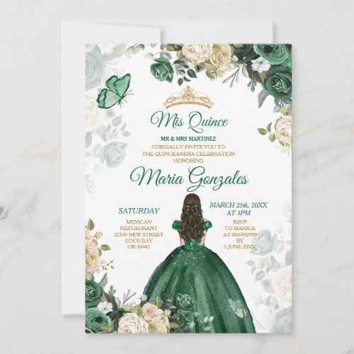 Quinceaera Emerald Green Butterfly Gold Crown Invitation