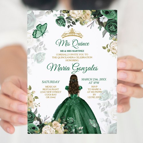 Quinceaera Emerald Green Butterfly Gold Crown Invitation