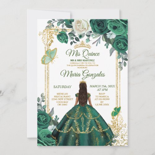 Quinceaera Emerald Green Butterfly Gold Crown Invitation