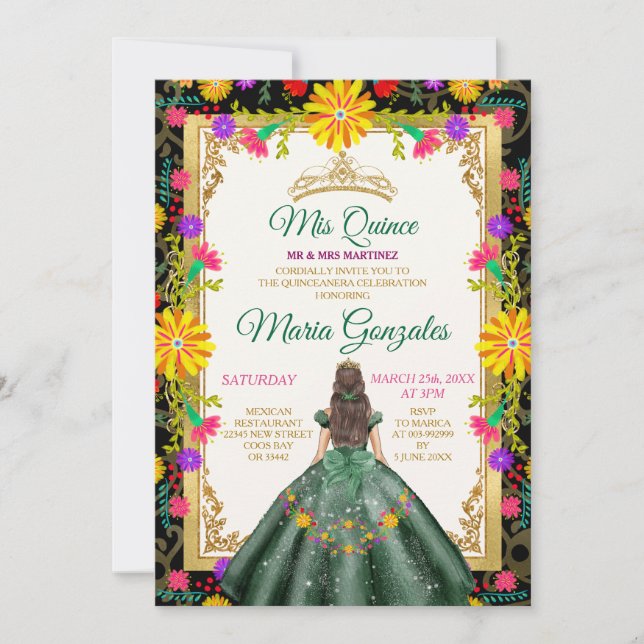 Quinceanera Emerald Green Colorful Flower Birthday Invitation (Front)