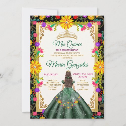Quinceanera Emerald Green Colorful Flower Birthday Invitation