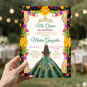 Quinceanera Emerald Green Colorful Flower Birthday Invitation