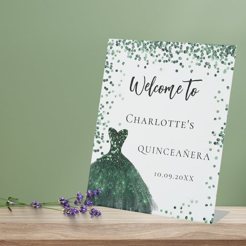 Quinceanera emerald green dress confetti welcome pedestal sign