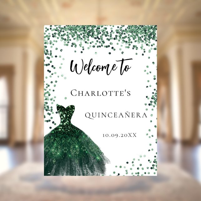Quinceanera emerald green dress confetti welcome poster (Creator Uploaded)