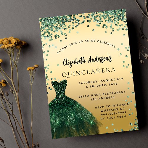 Quinceanera emerald green dress elegant party invitation