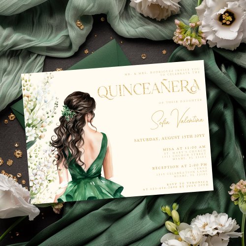 Quinceaera Emerald Green Dress Floral Brunette Invitation