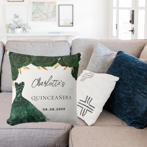 Quinceanera emerald green dress flowers white throw pillow