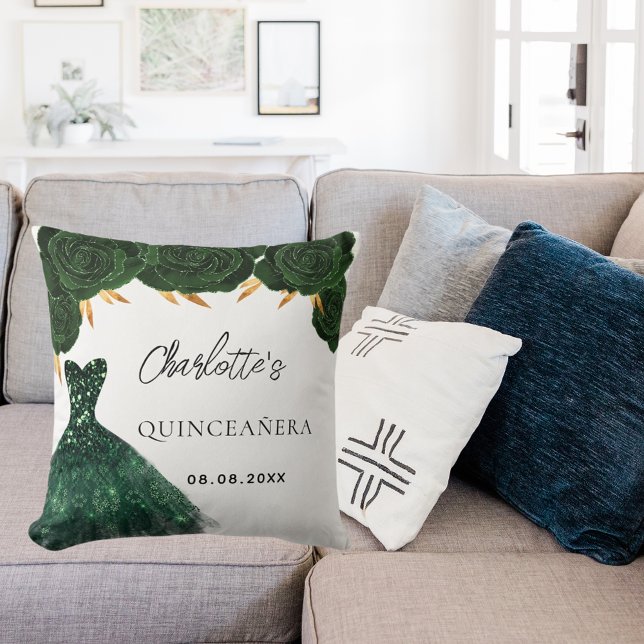 Quinceanera emerald green dress flowers white throw pillow (Creator Uploaded)
