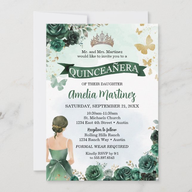 Quinceanera Emerald Green Dress Gold Butterfly Invitation (Front)