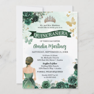 Quinceanera Emerald Green Dress Gold Butterfly Invitation