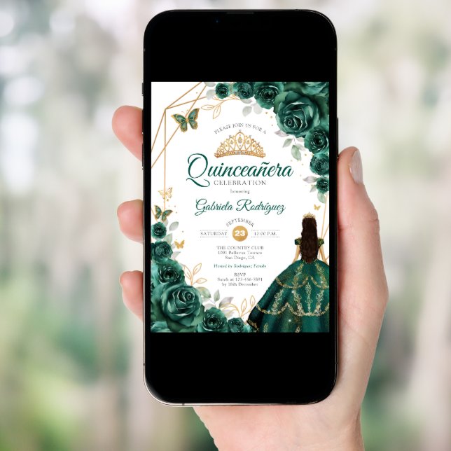 Quinceanera Emerald Green Dress Gold Invitation (Front Digital)