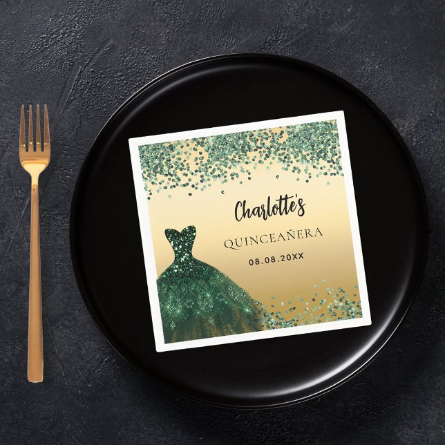 Quinceanera emerald green dress gold napkins (Creator Uploaded)
