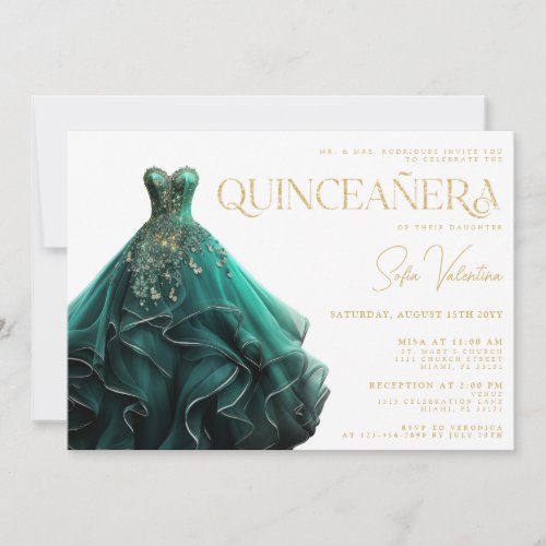 Quinceaera Emerald Green Dress Gown Gold Princess Invitation