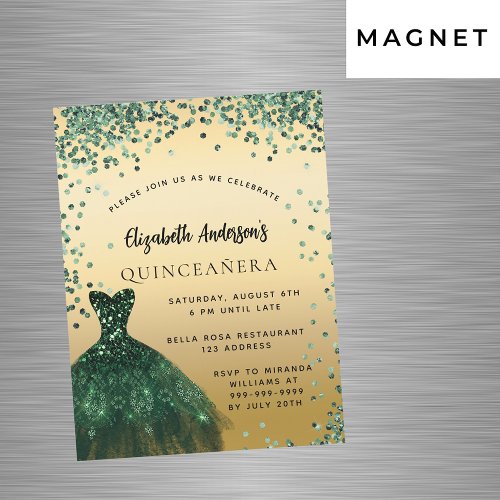 Quinceanera emerald green dress luxury party magnetic invitation