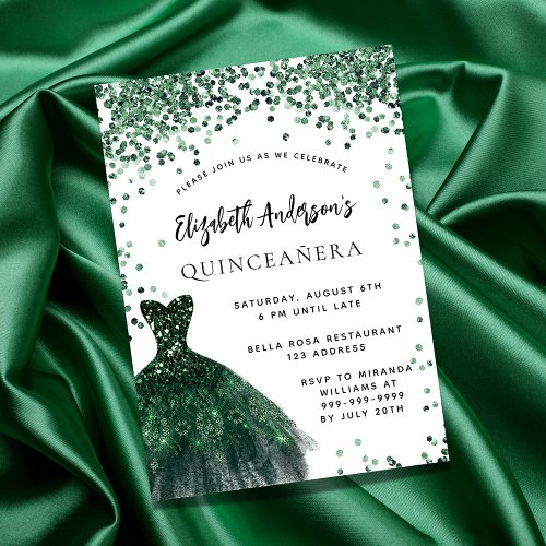 Quinceanera emerald green dress white invitation