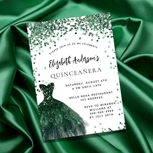 Quinceanera emerald green dress white invitation (Creator Uploaded)