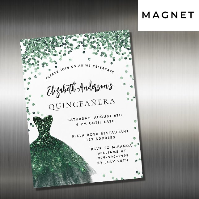Quinceanera emerald green dress white luxury magnetic invitation (Creator Uploaded)