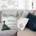 Quinceanera emerald green dress white name throw pillow<br><div class="desc">For a Quinceañera,  15th birthday party.  A white background with an emerald green dress and green confetti.  The name is written with a modern hand lettered style script.  Personalize and add your name and a date.</div>