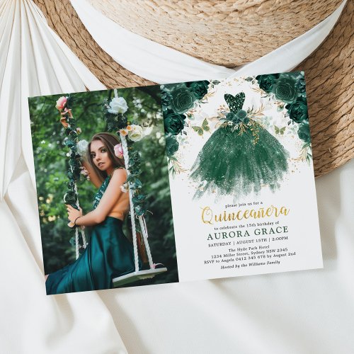 Quinceaera Emerald Green Enchanted Forest Floral Invitation