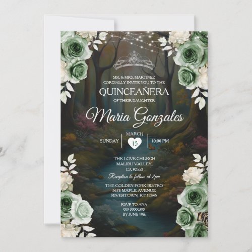 Quincea&#241;era Emerald Green Enchanted Forest Floral Invitation