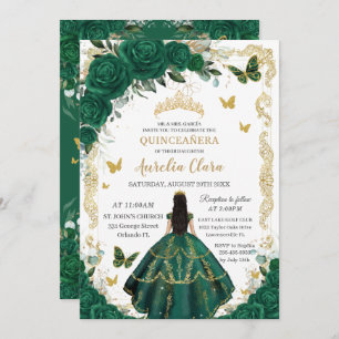 Quinceañera Emerald Green Floral Black Hair Gold Invitation