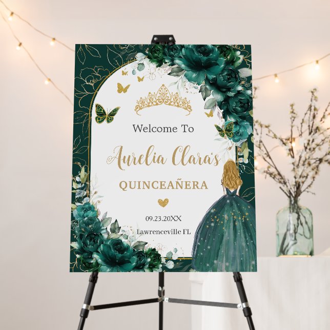 Quinceañera Emerald Green Floral Blonde Sweet 16 Foam Board (In Situ (Stand))