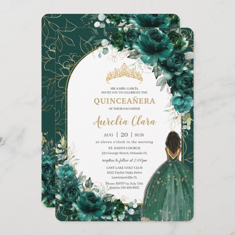 Quincea&#241;era Emerald Green Floral Brown Princess Invitation