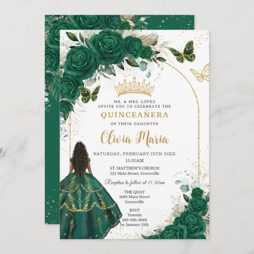 Quinceaera Emerald Green Floral Brown Princess Invitation