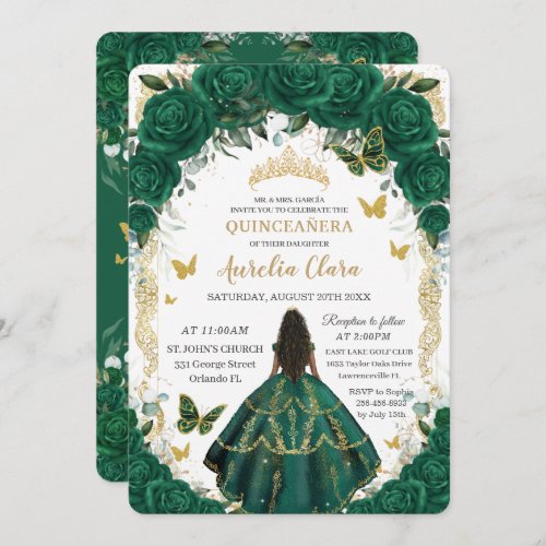 Quincea&#241;era Emerald Green Floral Brown Princess  Invitation