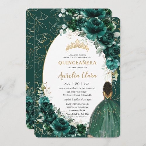 Quinceaera Emerald Green Floral Brown Princess Invitation