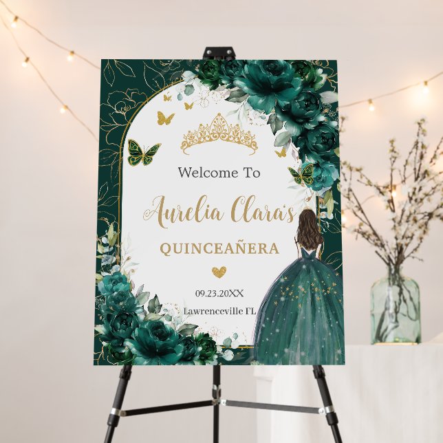 Quinceañera Emerald Green Floral Brunette Sweet 16 Foam Board (In Situ (Stand))