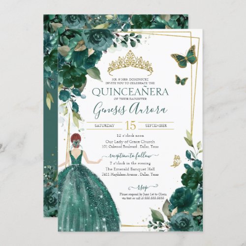 Quinceaera Emerald Green Floral Butterflies Dress Invitation