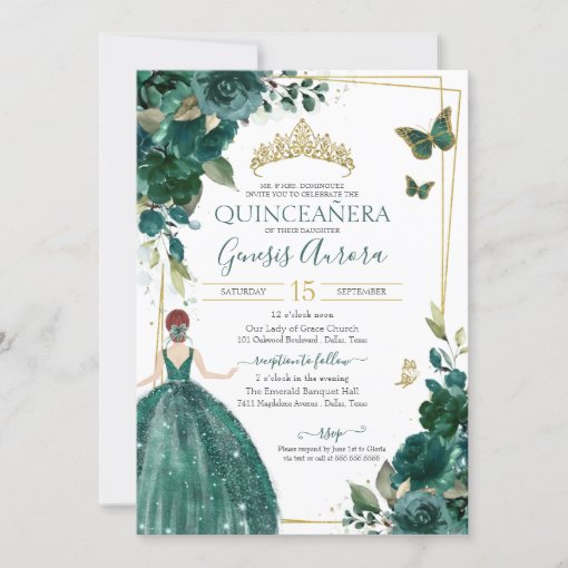 Quinceañera Emerald Green Floral Butterflies Dress Invitation | Zazzle