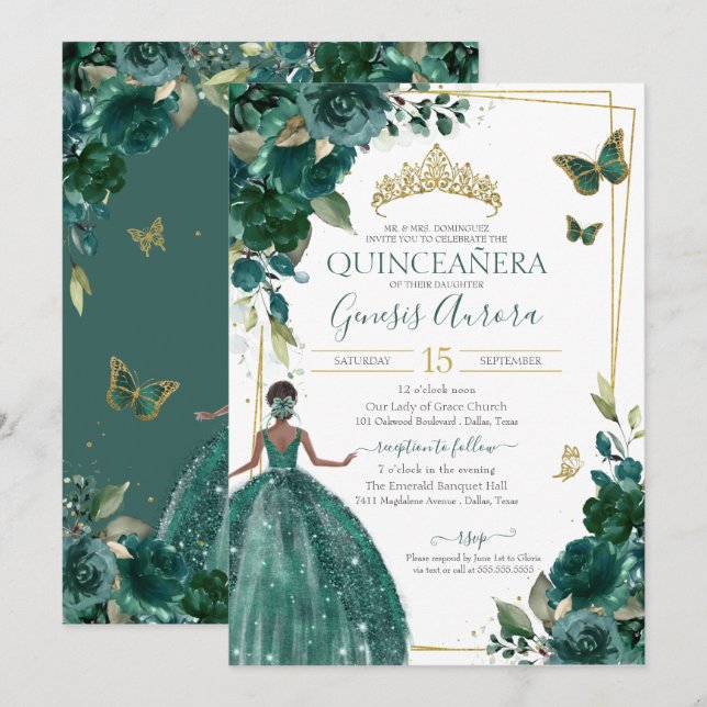 Quinceañera Emerald Green Floral Butterflies Dress Invitation (Front/Back)