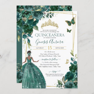 Quinceañera Emerald Green Floral Butterflies Dress Invitation