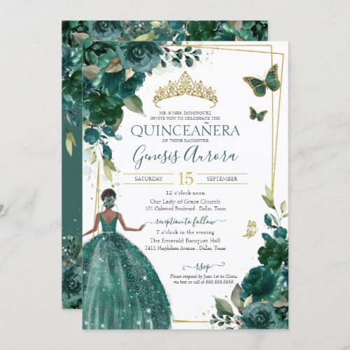 Quinceaera Emerald Green Floral Butterflies Dress Invitation