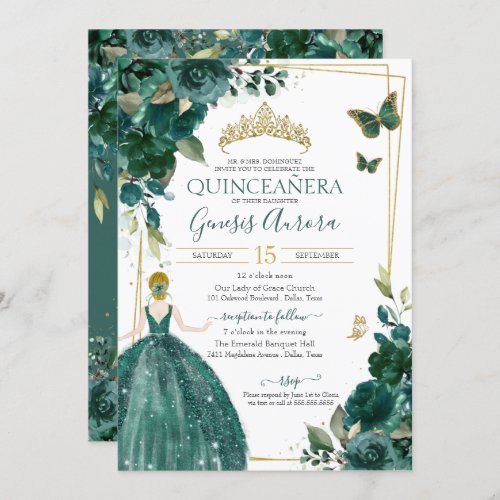 Quinceaera Emerald Green Floral Butterflies Dress Invitation