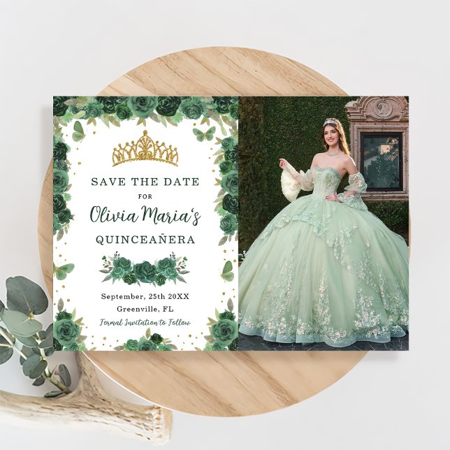 Quinceañera Emerald Green Floral Butterflies Photo Save The Date (Creator Uploaded)