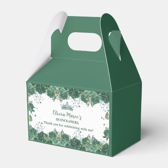Quinceañera Emerald Green Floral Butterflies Tiara Favor Boxes (Front Side)