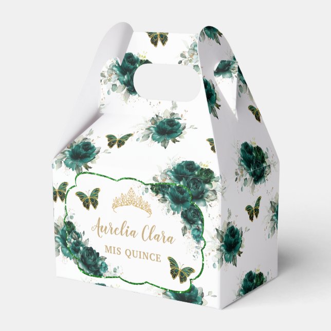 Quinceañera Emerald Green Floral Butterflies Tiara Favor Boxes (Front Side)