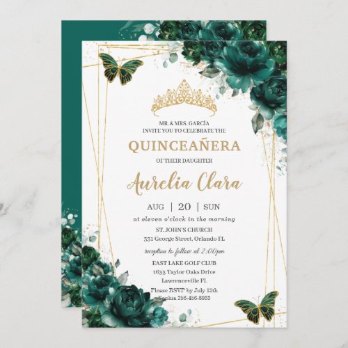 Quinceaera Emerald Green Floral Butterflies Tiara Invitation