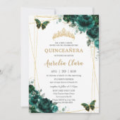 Quinceañera Emerald Green Floral Butterflies Tiara Invitation (Front)