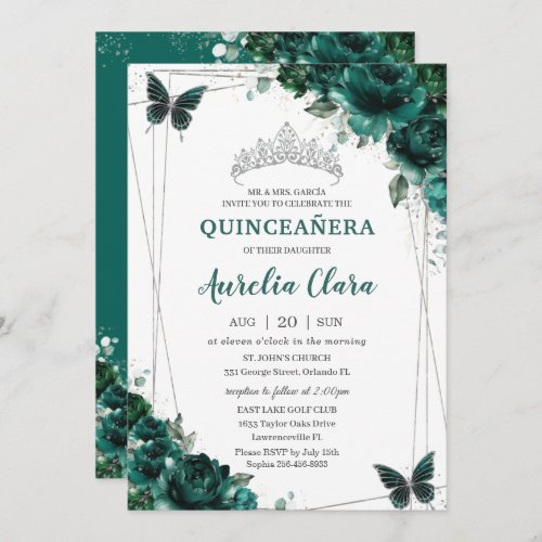 Quinceaera Emerald Green Floral Butterflies Tiara Invitation