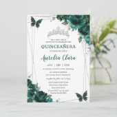 Quinceañera Emerald Green Floral Butterflies Tiara Invitation (Standing Front)