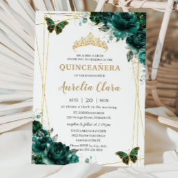 Quincea&#241;era Emerald Green Floral Butterflies Tiara Invitation