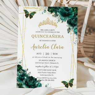 Quinceañera Emerald Green Floral Butterflies Tiara Invitation